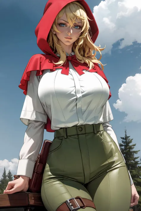 1girl, (solo:1.2), (cowboy shot:1.2), (looking at viewer:1.3)
<lora:The Hunters Guild Red Hood - Grimm [richyrich515 - v1.0]:1> grimm, blue eyes, red hood, hood up, red capelet, white shirt, shirt tucked in, green pants, thigh strap, huge breasts, muscular...