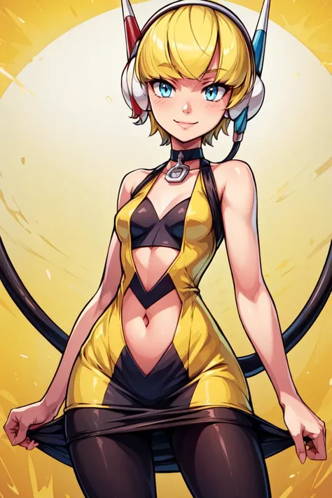 ((masterpiece,best quality)), absurdres, <lora:Elesa_Pokemon_v2:0.8>, courtney (pokemon),  elesa (pokemon), blonde hair, short hair, blunt bangs,   bare arms, black pantyhose, headphones, cables, pokemon bw,  choker, black and yellow dress, short dress, cl...