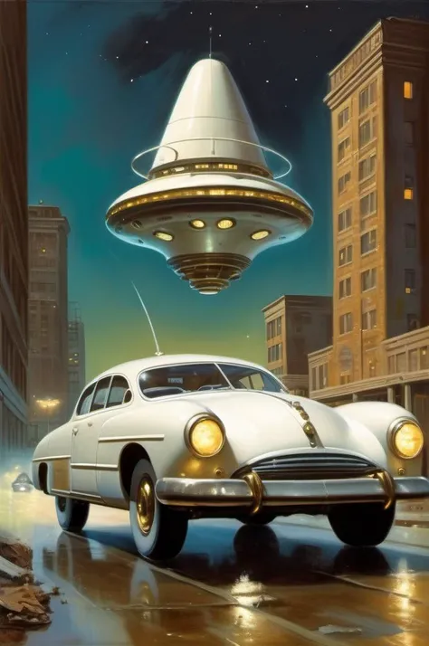 <lora:Richard Hescox Style:1> Richard Hescox Style , paperback artwork , white and brass science fiction hovering industrial luxury car by a downtown hotel, science fiction, night time, volumetric light, dystopian vibes, dutch angle, cinematic angle