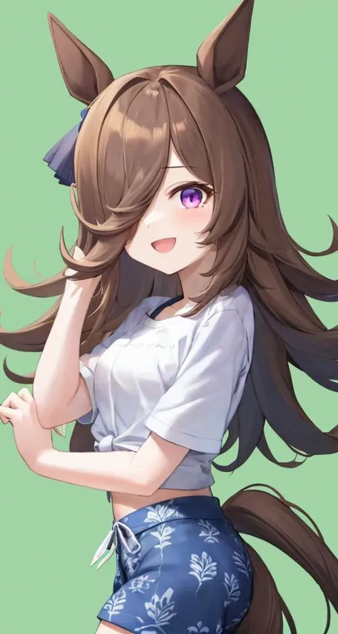 shirts,(red:1.2)_shorts,rice shower (umamusume),purple eyes,1girl,solo,detailed_face, cowboy shot, smile,open mouth,multicolored background,  <lora:gaze_on_me_768:1:MIDD> <lora:riceShowerUmamusume_loha:0.8:MIDD>