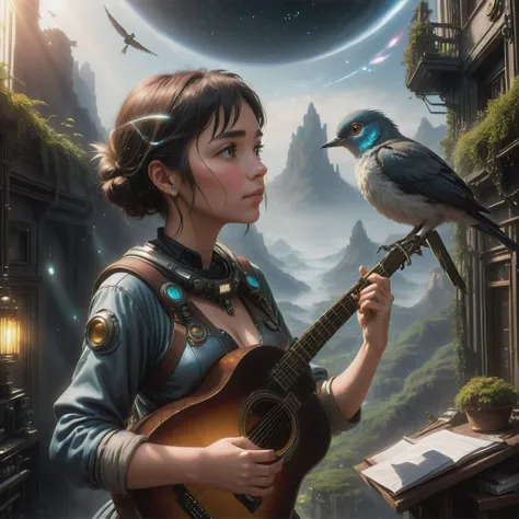 woman new media art, spacepunk, serenading, matte painting, cryengine, serene, photo manipulation, bird's eye view, ghibli, ligh...