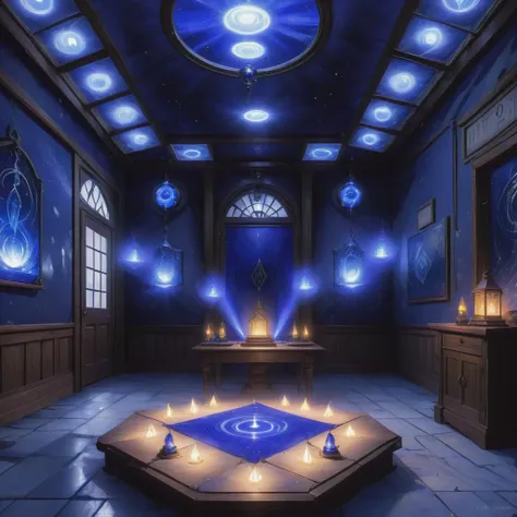 ethereal seance and divination room, lapis lazuli, halogen floodlights, gas lanterns (outdoor) ashcan school, vaporwave, secreti...