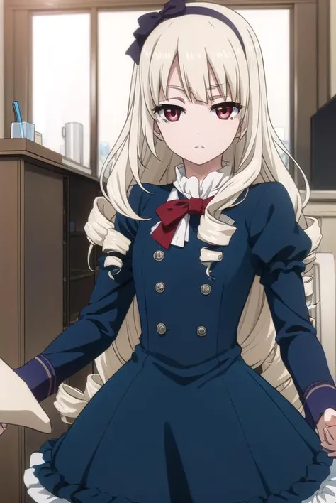 rinkoogasawara, <lora:rinko ogasawara s1-lora-nochekaiser:1>,
rinko ogasawara, long hair, blonde hair, (red eyes:1.3), bow, hair bow, hairband, drill hair, twin drills,
BREAK dress, dress, blue dress, bowtie, gemstone, puffy sleeves, juliet sleeves, long s...