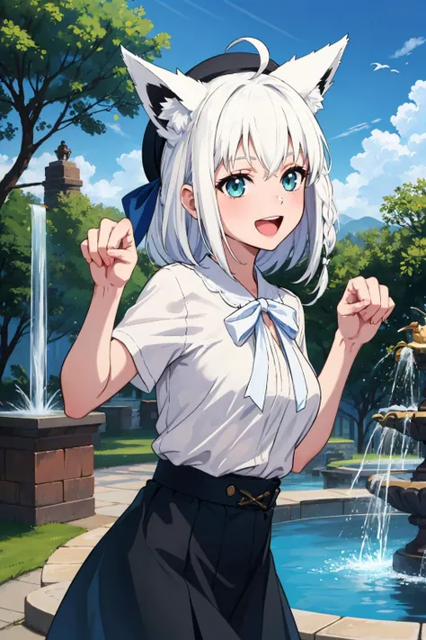 masterpiece, best quality, <lora:shirakami fubuki 8 outfits:1> white hair, single side braid, ahoge, fox tail, fubukicasual, (white shirt, white bow), beret, black skirt, (black pantyhose), paw pose, :D, upper body, park, fountain, sky, clouds, birds