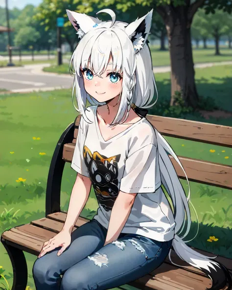 1girl, solo, sitting, on bench, park, tree, grass, greenery, smile, fubuki, white t-shirt, jeans, white hair, single side braid, ahoge, fox tail<lora:shirakami_fubuki_9_outfits:1>