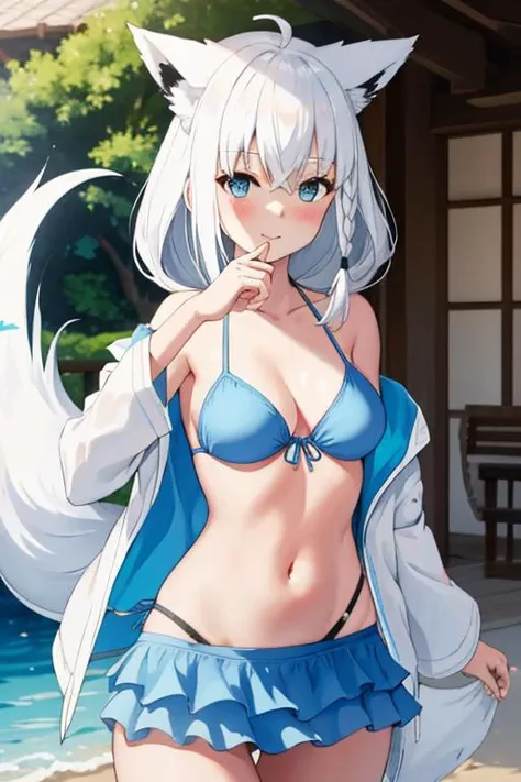 fubukibeach, blue bikini, bikini skirt, white cardigan, white hair, single side braid,<lora:shirakami_fubuki_9_outfits:1>,fox tail,at a luxury hotel spa