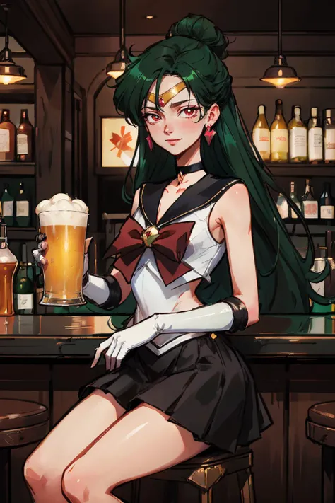 EPsmPluto, red eyes, long green hair, hair bun, gold circlet, choker, earrings, red ribbon, sailor senshi uniform, white elbow gloves, black skirt,looking at viewer, serious, smiling, sitting, on stool, inside bar, counter, holding pint of beer, neon light...