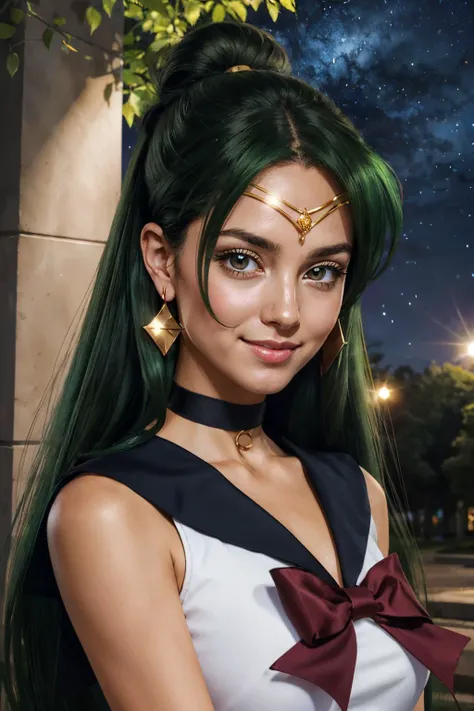 EPsmPluto, red eyes, long green hair, hair bun, choker, gold circlet, earrings, sailor senshi uniform, red bow, looking at viewer, smiling, close up, outside, park, trees, night time, stars, space, high quality, masterpiece, <lora:EPsmPluto:.8>