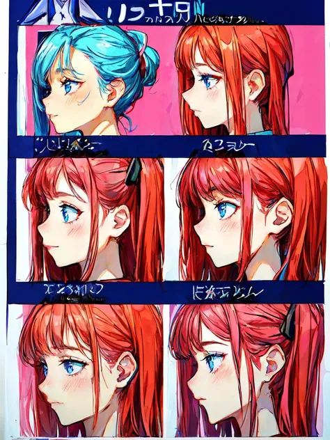 a close up of a poster with different colored hair