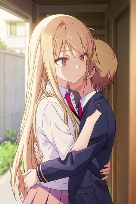 best quality, masterpiece, highres, solo, {shiina_mashiro_sakurasounopetnakanojo:1.15}, blonde_hair, long_hair, red_eyes, brown_eyes, 1boy, 1girl, brown_hair, hug, school_uniform, short_hair, gakuran