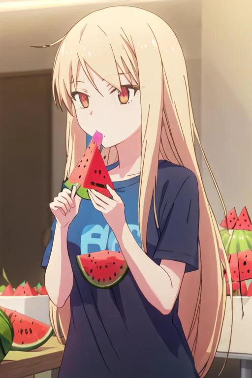 best quality, masterpiece, highres, solo, {shiina_mashiro_sakurasounopetnakanojo:1.15}, blonde_hair, long_hair, red_eyes, brown_eyes, eating, food, popsicle, shirt, watermelon_bar, 1girl, blue_shirt, holding, looking_at_viewer, t-shirt, watermelon, fruit