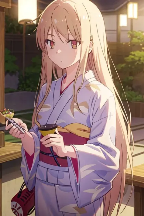 best quality, masterpiece, highres, solo, {yukata:1.40}, {kimono:1.20}, {shiina_mashiro_sakurasounopetnakanojo:1.15}, blonde_hair, long_hair, red_eyes, brown_eyes