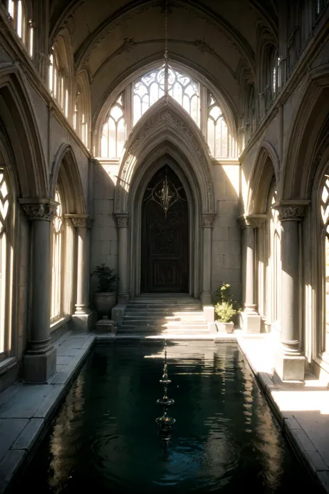 arafed view of a pool in a church with arched windows