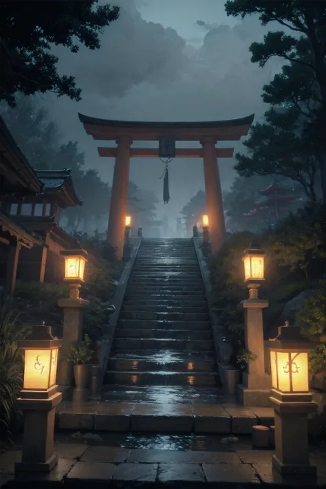 a stairway leading to a shrine with lanterns lit up