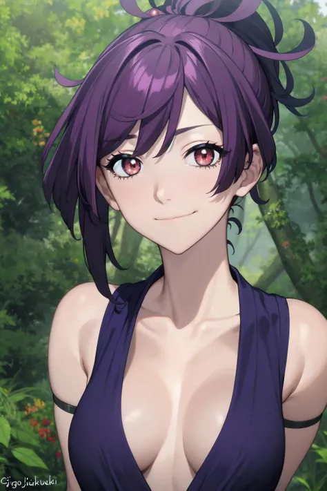 best quality, masterpiece, portrait, close up, upper body,
1girl, yuzuriha_(jigokuraku), purple hair, brown eyes, ninja, open clothes, cleavage, small breasts, topknot, medium hair, breasts apart, white obi, smirk,
outdoors, forest,
<lora:Kizuki - Jigokura...