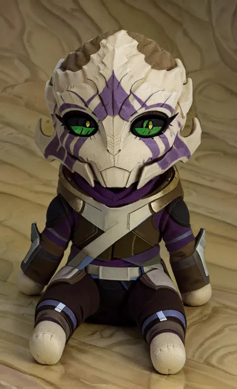 chibi, plushie, photo, <lora:fumo-v1.0:1.1> fumo (doll), jitome, (sitting:1.2), vetra nyx, (turian:1.2), (alien:0.8), (mass effect:1.1), (female:0.8), solo, brown skin, light faceplate, purple facemark, clothed, pants, (armor:0.9), (green eyes, slit pupils...