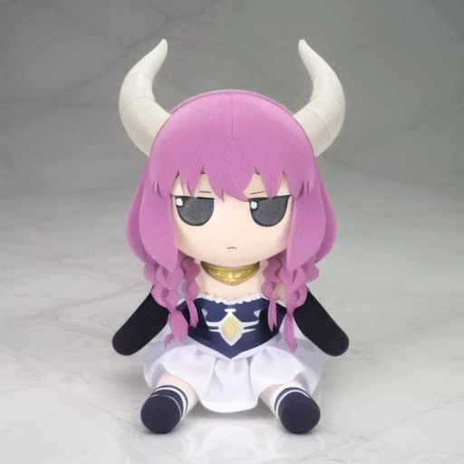 a close up of a doll with horns on a white surface