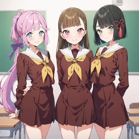 three girls in school uniforms standing in front of a blackboard