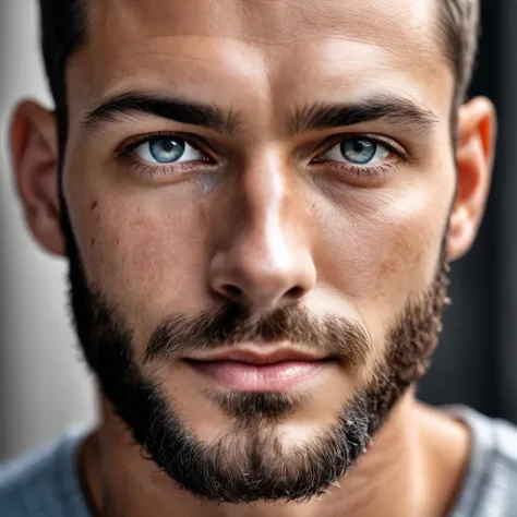 a close up of a man with a beard and blue eyes