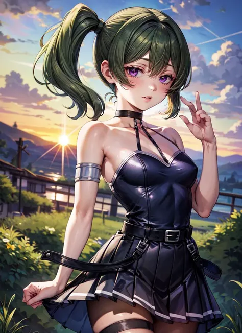 ((best quality)), ((highly detailed)), masterpiece, extremely detailed face, beautiful face, , <lora:more_details:.6>, (1girl), (solo), dynamic pose, upper body, <lora:UbelFrieren:1>, UbelFrieren, green hair, side ponytail, purple eyes, black choker, black...