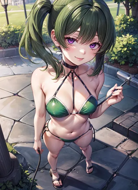 ((best quality)), ((highly detailed)), , <lora:more_details:.3>, (1girl), (solo), top view, full body, ((very wide shot)), <lora:hairdetailer:.5>, <lora:UbelFrieren:1>, UbelFrieren, green hair, side ponytail, purple eyes, smiling, black choker, green bikin...