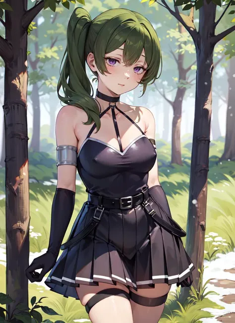 ((best quality)), ((highly detailed)), masterpiece, detailed face, beautiful face, , (1girl), (solo), full body, (((wide shot))), <lora:UbelFrieren:1>, UbelFrieren, green hair, side ponytail, purple eyes, black choker, black dress, halter dress, sleeveless...