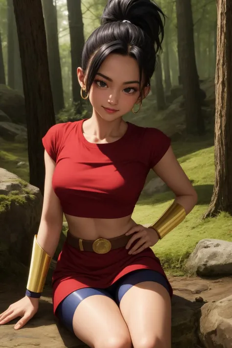 kale, 1girl, solo, black eyes, black hair, high ponytail, earrings,
red shirt, crop top, short sleeves, wristband, red skirt, bike shorts, vambraces, bracer, miniskirt, shorts under skirt, midriff, belt, bracelet,
smile,closed mouth,cowboy shot,sitting,
fo...