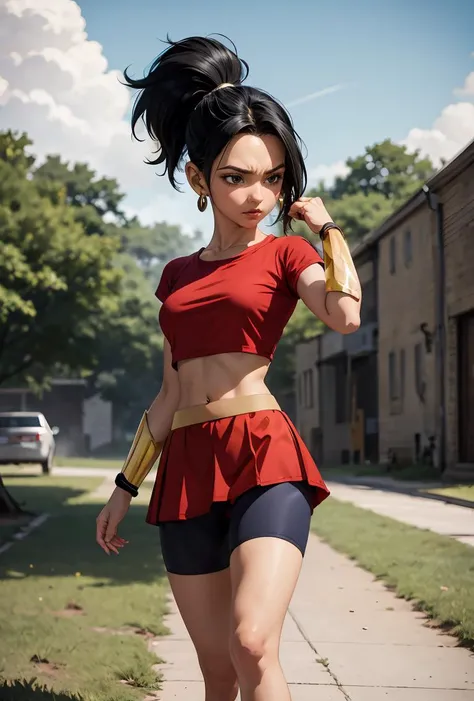 (masterpiece, best quality), 1girl,   <lora:DBS_Kale_v1:0.8> kale, 1girl, solo, black eyes, black hair, high ponytail, earrings,, red shirt, crop top, short sleeves, wristband, red skirt, bike shorts, vambraces, bracer, miniskirt, shorts under skirt,