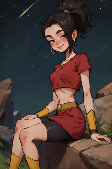 kale, black eyes, black hair, high ponytail, earrings, left sided bangs, red crop top, short sleeves, wristband, red skirt, bike shorts, bracers,looking at viewer, smiling, blush, sitting, on stone bench, slouching, outside, night, stars, high quality, mas...