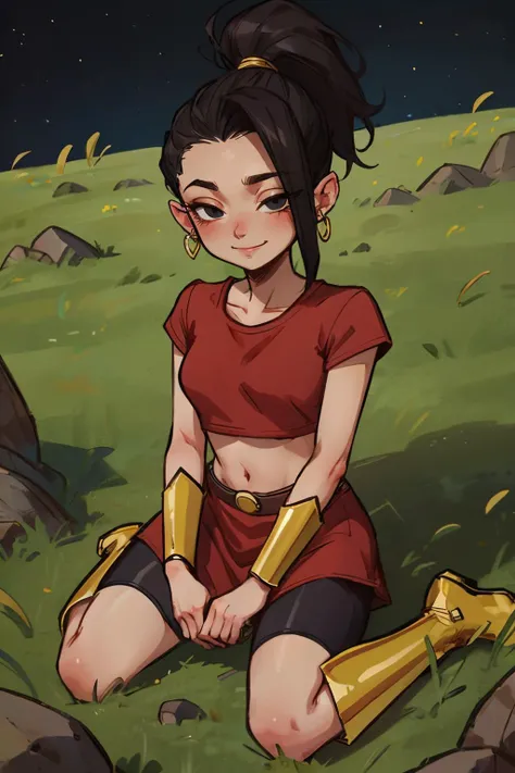 kale, black eyes, black hair, high ponytail, earrings, left sided bangs, red crop top, short sleeves, wristband, red skirt, bike shorts, bracers, gold boots, looking at viewer, shy smile, blush, sitting, wariza, from_above, on dirt, grass, night, high qual...