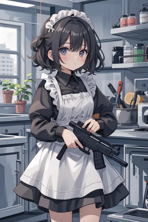 1 maid girl, holding gun, rifle, machine gun, kitchen