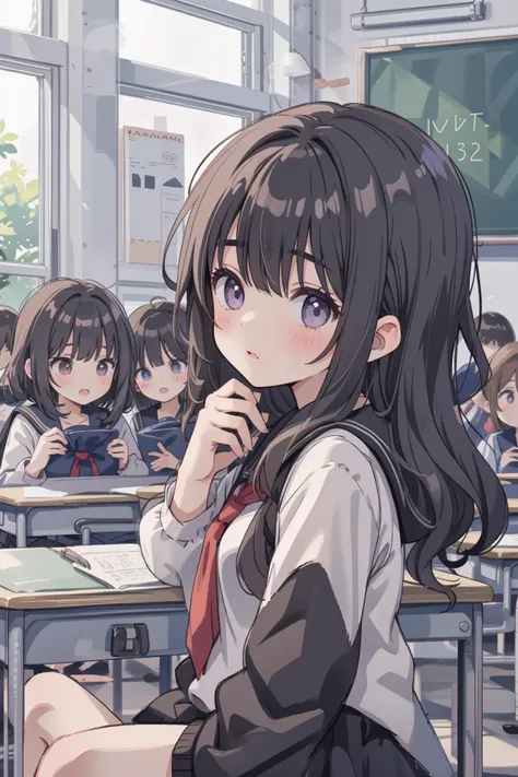 4girls, classroom, many students, crowds