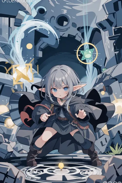 elf mage girl in cave dungeon, fighting , monsters, magic, magic circle, light effect