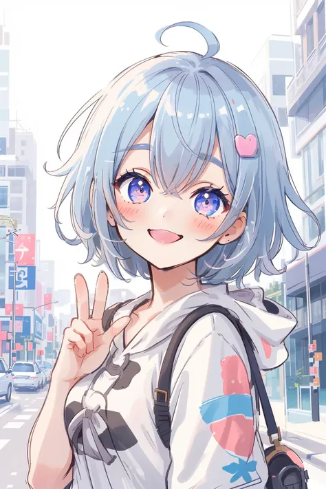 best quality, masterpiece, 1girl, 2020s \(style\), sketch, rkgk,smile, peace sign, portrait, city, street