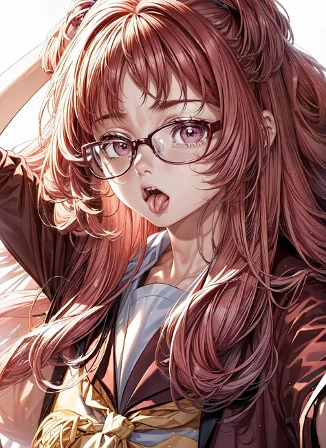 1girl,aimie,long hair,wavy hair,dark pink hair,eyes almost closed,eyes slightly open,dark pink eyes,school uniform,school suit,(portrait),(glasses),(open mouth:1.2),(mouth totally open),(tongue out:1.4),inner mouth,(uvula),(saliva:1.4),(saliva drip),red gl...