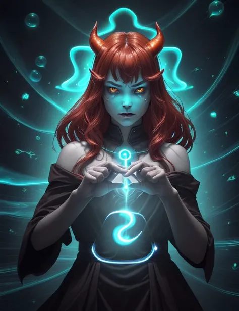 <lora:FishyMagic:1.0> fishytech female Devil, embodiment of evil, cunning and charismatic, red skin, devil horns, fantasy, Fifty-something, Dainty, Maori, Dark brown eyes,   Unique Chin,       , Ginger Curtain bangs hair, Envy, Deflecting a curse with a ma...