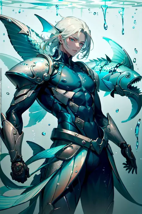 cowboy shot,  solo,  <lora:FishyMagic:1> fishytech, fantasy, scales, underwater,, ultra detailed, masterpiece, best quality, aesthetic, detailed,, solo, 1boy, teal eyes, <lora:Tsurime3:1>, (tsurime:1.2), parted bangs, white hair, medium hair, straight hair...