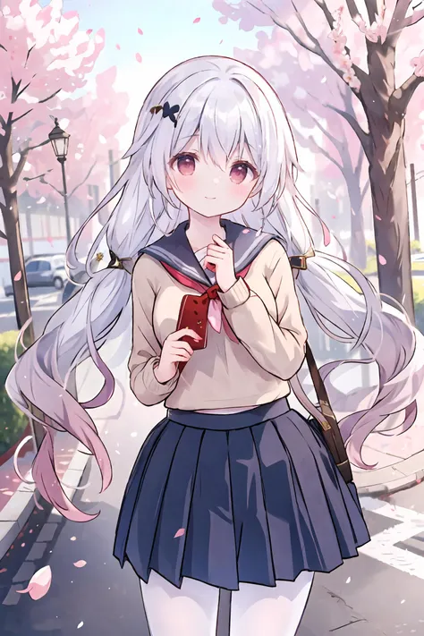 anime girl with long white hair and a blue skirt holding a book