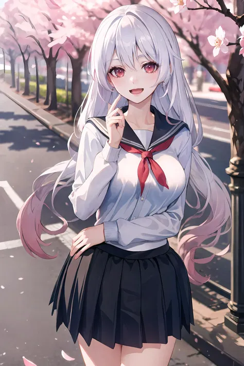 theresa apocalypse, solo, school uniform, white shirt, sweater, pleated skirt, light smile, double v, looking at viewer, smile, open mouth, outdoors, street, cherry blossoms, petals, depth of field