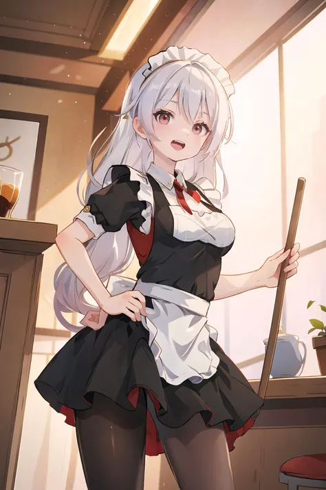 theresa apocalypse, solo, maid, maid headdress, maid apron, pantyhose, looking at viewer, cowboy shot, bar (place), indoors, depth of field, smug, open mouth, hand on hip