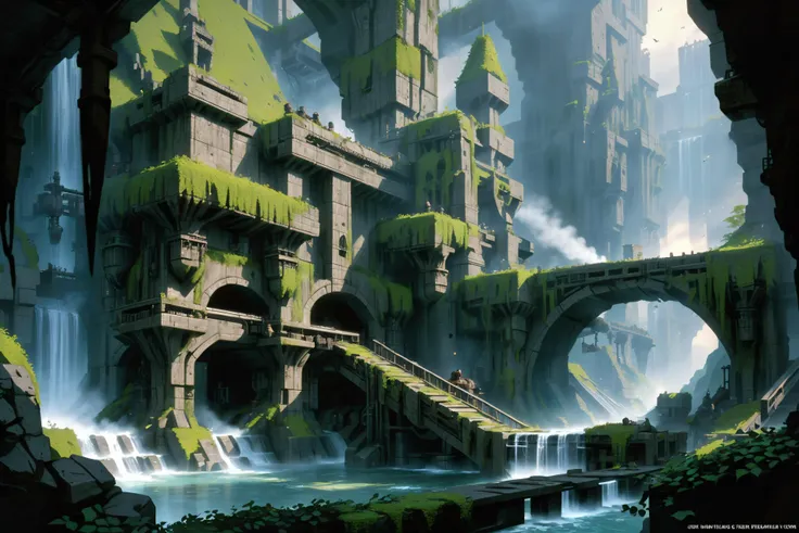 a painting of a waterfall and a bridge in a fantasy world