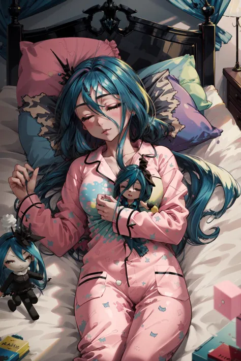 masterpiece,best quality,1girl,mlpchrysalis,blue hair,pajamas,bedroom,closed eyes,lying,(pink fluffy pony doll,Fluffle Puff),<lora:mlp_queenchrysalis:0.9>,