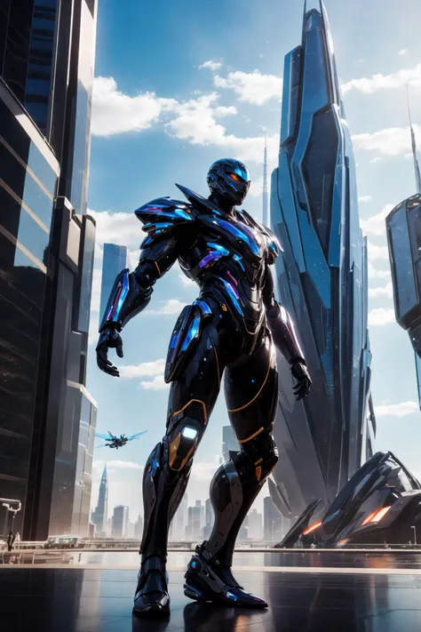 <lora:hades_armor_v3:1>
In a futuristic landscape, depict a young boy in a dynamic action posture. He wears a futuristic, Caramel hades_armor that gleams with iridescence. Amidst a cityscape of towering skyscrapers, holographic advertisements, and agile fl...