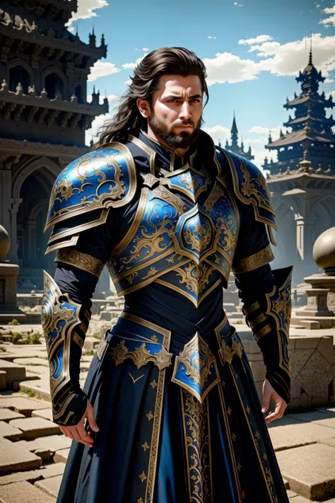 a man in a blue and gold armor standing in front of a castle