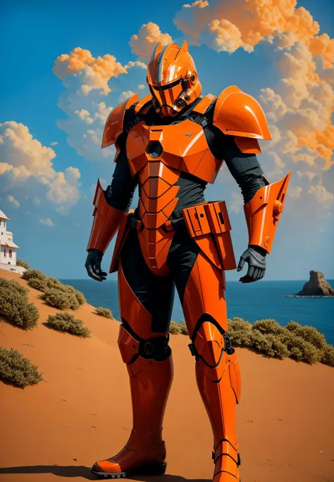 full body, light orange, hdsrmr, hdsrmr boots, hdsrmr helmet, hdsrmr pldrns, mecha helmet, holding zweihander, hood up, looking ...