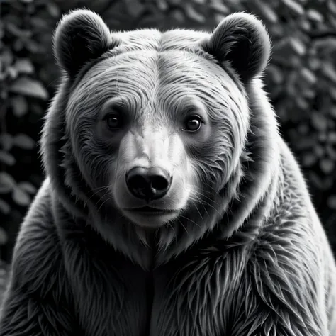 there is a black and white photo of a bear sitting in the woods