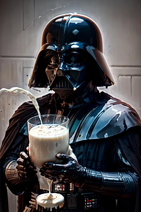 <lora:dangerous milk_2023-07-09_205939:1>, dangerous milk, glass of milk, milk on mask, <lora:Darth_Vader-KK77-V1:.3>, darth vader,