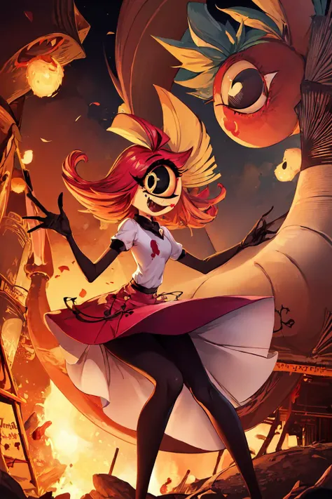 masterpiece, best quality, highres, solo, (Niffty), NiftyHazbinHotel, (cyclops, one-eyed:1.5), (OriginalOutfit), (white shirt, pink skirt, gloves, black tights), yellow skin, makeup, pink sclera, thin, petite, pink-red hair, large eyelashes, <lora:NiftyHaz...