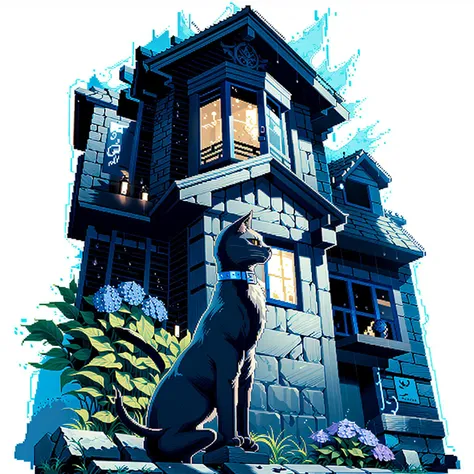 [(white background:1.15), ::2]1girl, solo, mid shot, full body, <lora:GachaSplashAlter_2:0.8>
 (pixel art:1.2), an old gothic house, cobblestone road, vignettes, bats, 
a school boy, black cat, film grain, blue tone, hydrangea, brick wall,
(masterpiece:1.5...