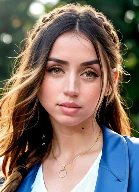 a close up of a woman with long hair wearing a blue jacket